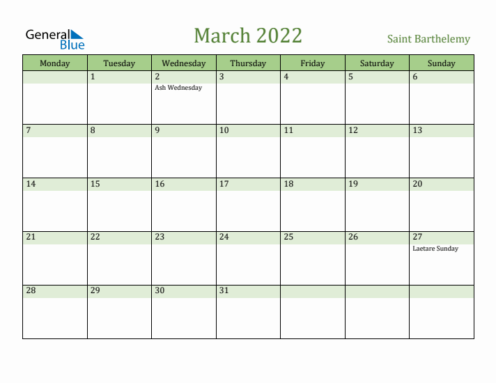 March 2022 Calendar with Saint Barthelemy Holidays