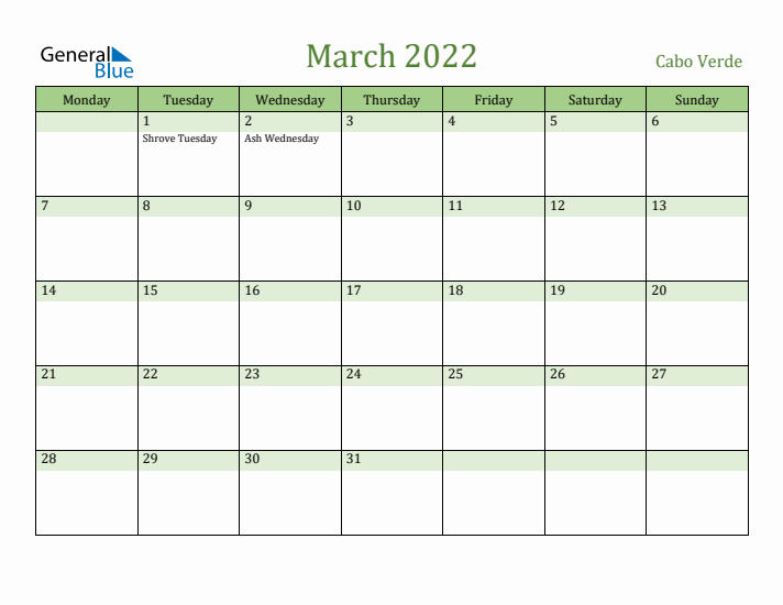 March 2022 Calendar with Cabo Verde Holidays