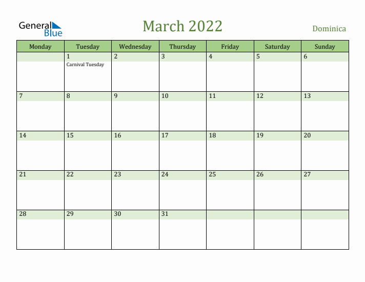 March 2022 Calendar with Dominica Holidays