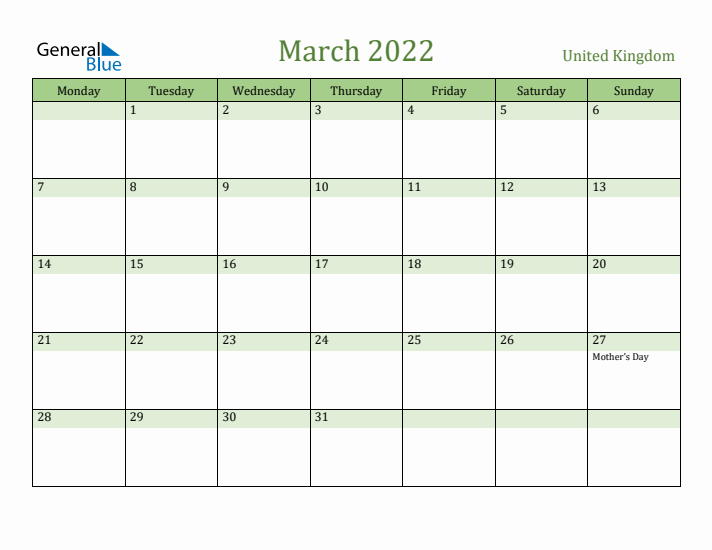 March 2022 Calendar with United Kingdom Holidays