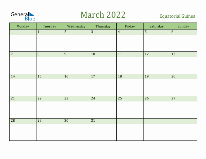 March 2022 Calendar with Equatorial Guinea Holidays