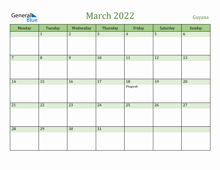 March 2022 Calendar with Guyana Holidays