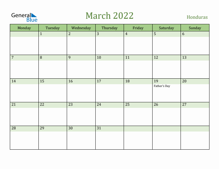 March 2022 Calendar with Honduras Holidays