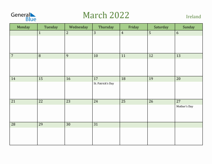 March 2022 Calendar with Ireland Holidays