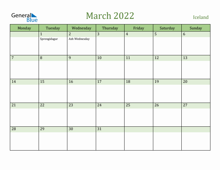 March 2022 Calendar with Iceland Holidays