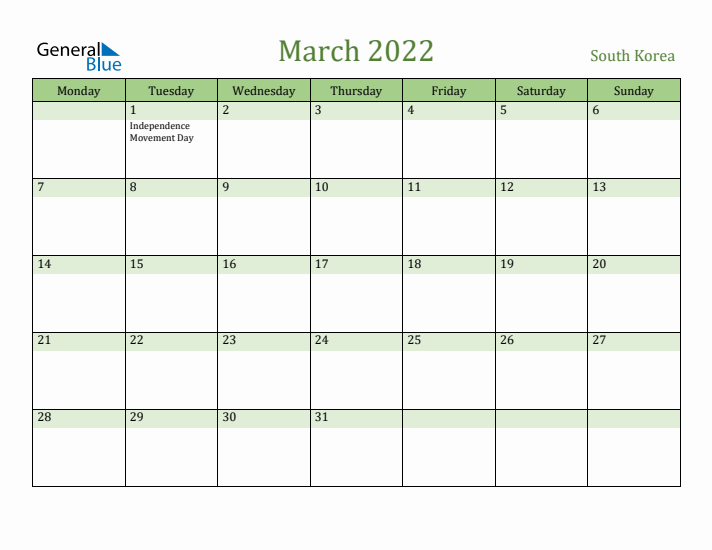 March 2022 Calendar with South Korea Holidays