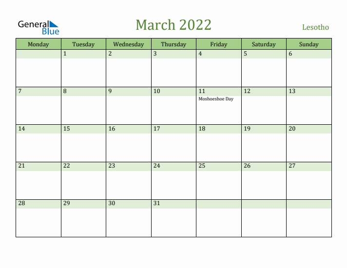 March 2022 Calendar with Lesotho Holidays