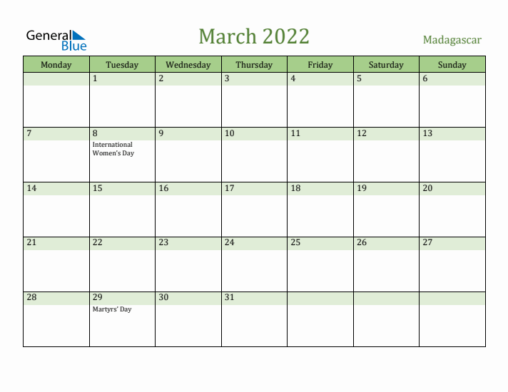 March 2022 Calendar with Madagascar Holidays