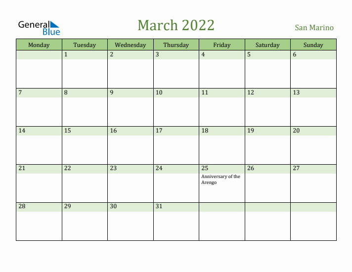 March 2022 Calendar with San Marino Holidays