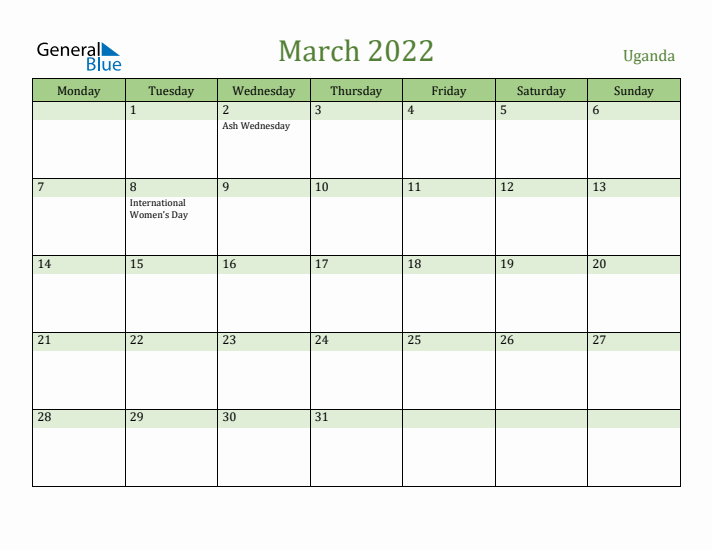 March 2022 Calendar with Uganda Holidays