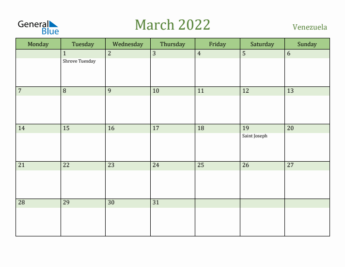 March 2022 Calendar with Venezuela Holidays