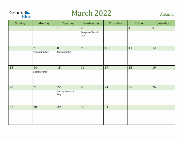 March 2022 Calendar with Albania Holidays