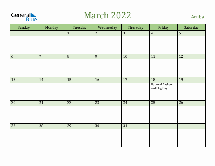 March 2022 Calendar with Aruba Holidays