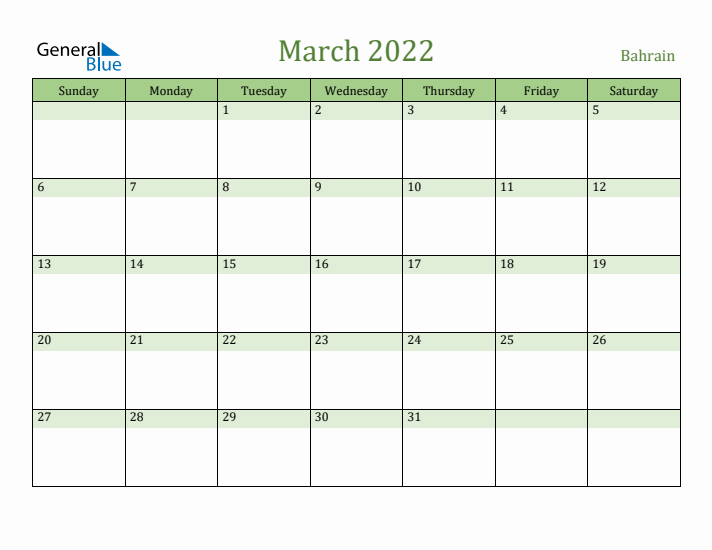 March 2022 Calendar with Bahrain Holidays