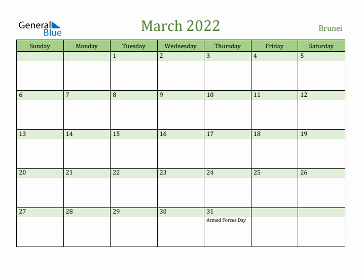 March 2022 Calendar with Brunei Holidays