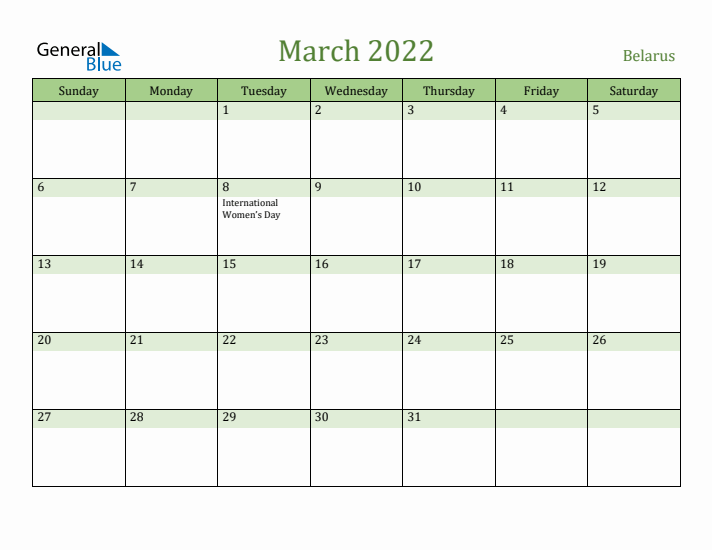 March 2022 Calendar with Belarus Holidays