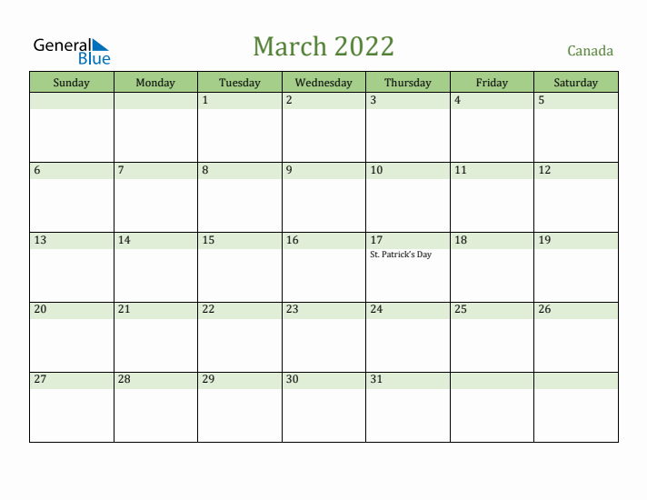 March 2022 Calendar with Canada Holidays