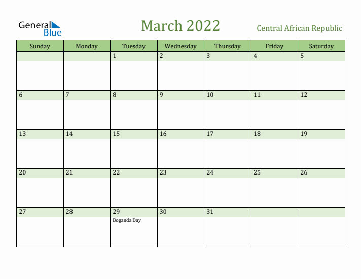 March 2022 Calendar with Central African Republic Holidays