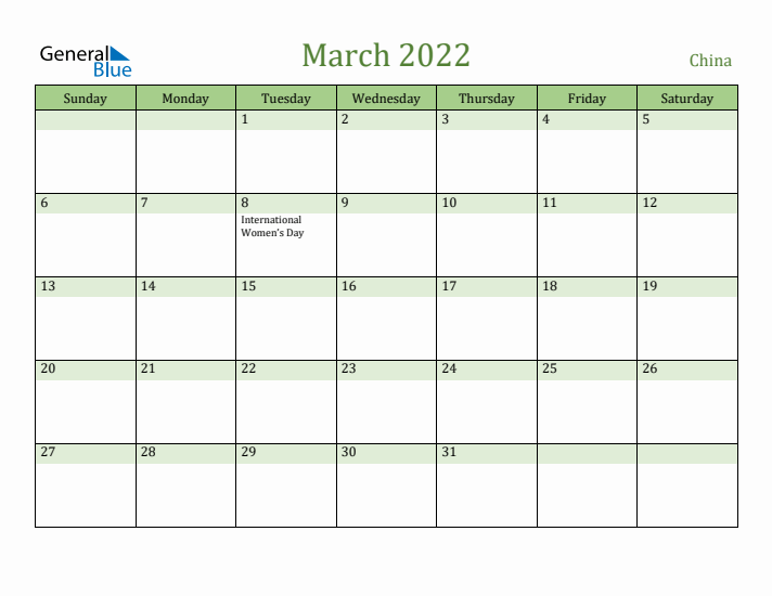 March 2022 Calendar with China Holidays