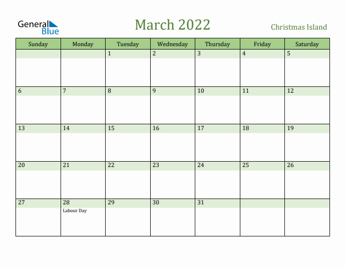 March 2022 Calendar with Christmas Island Holidays