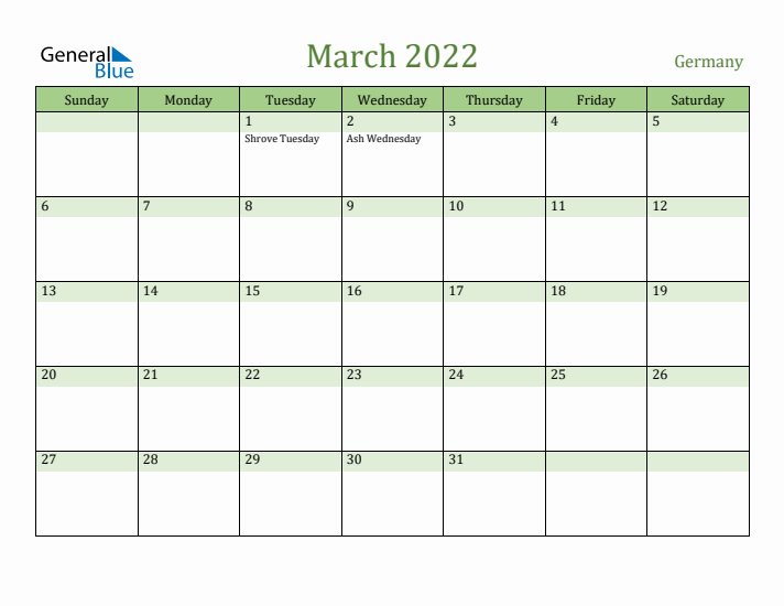 March 2022 Calendar with Germany Holidays