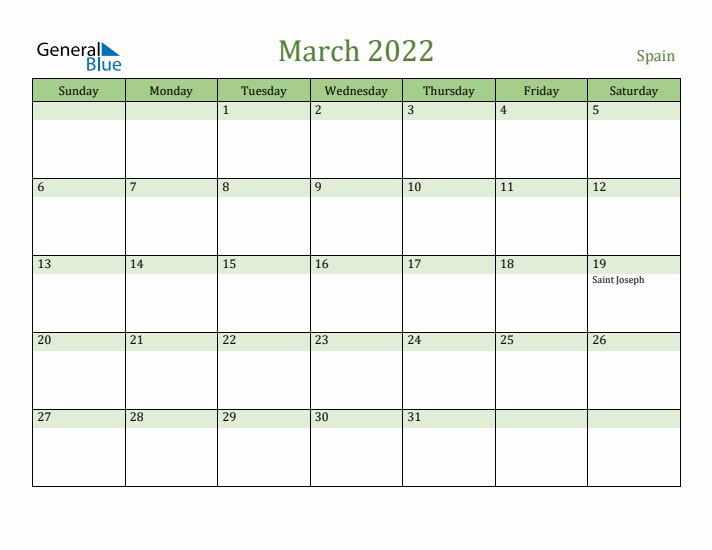 March 2022 Calendar with Spain Holidays