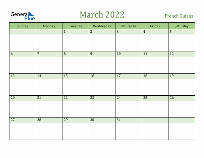 March 2022 Calendar with French Guiana Holidays