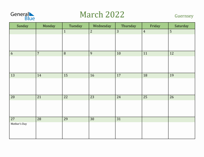 March 2022 Calendar with Guernsey Holidays