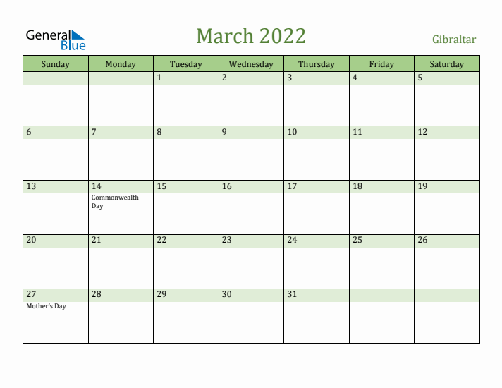 March 2022 Calendar with Gibraltar Holidays