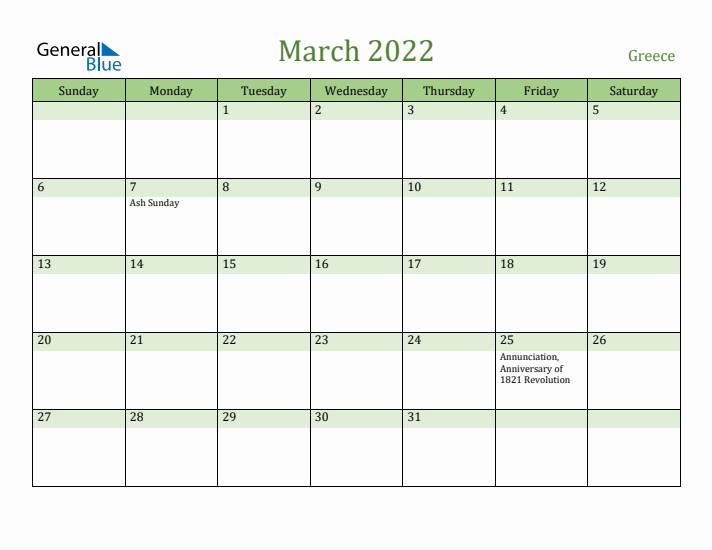 March 2022 Calendar with Greece Holidays