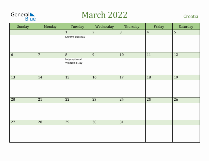 March 2022 Calendar with Croatia Holidays