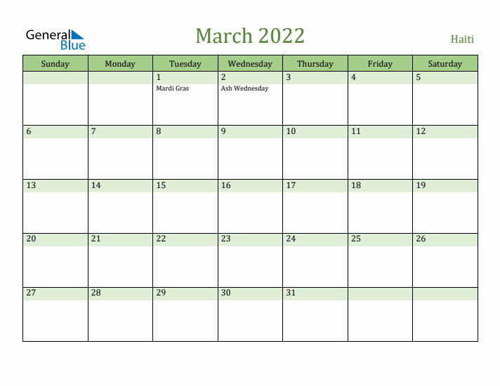 March 2022 Calendar with Haiti Holidays