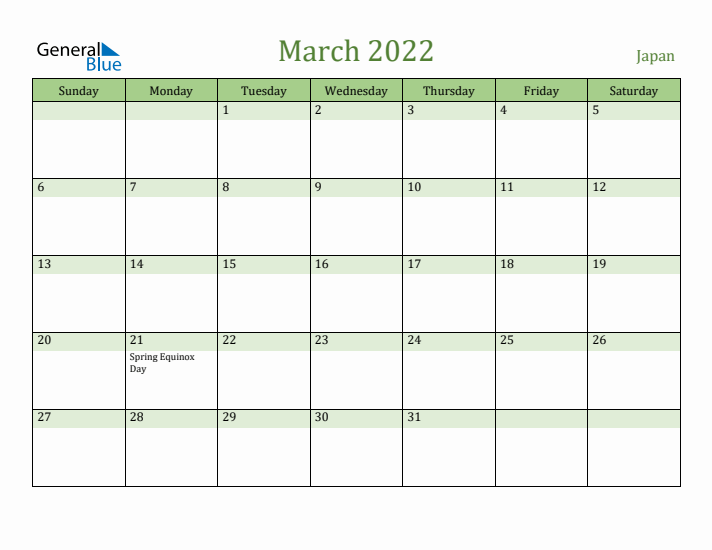 March 2022 Calendar with Japan Holidays