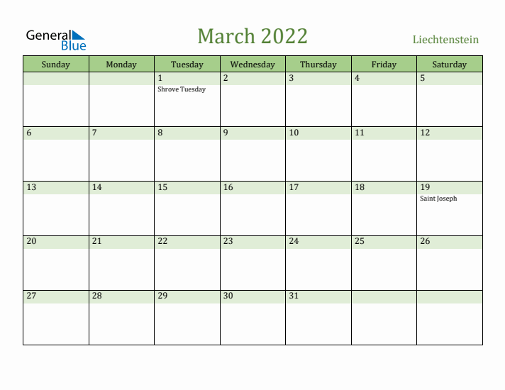 March 2022 Calendar with Liechtenstein Holidays