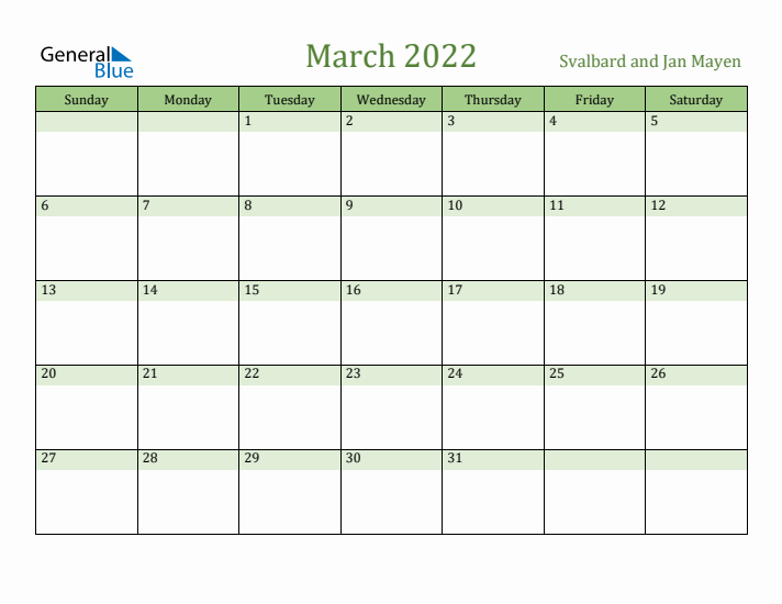 March 2022 Calendar with Svalbard and Jan Mayen Holidays