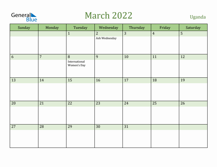 March 2022 Calendar with Uganda Holidays