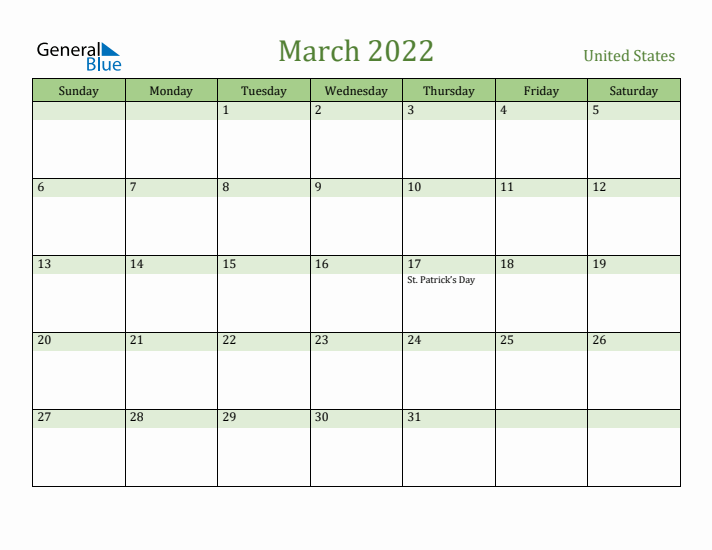 March 2022 Calendar with United States Holidays