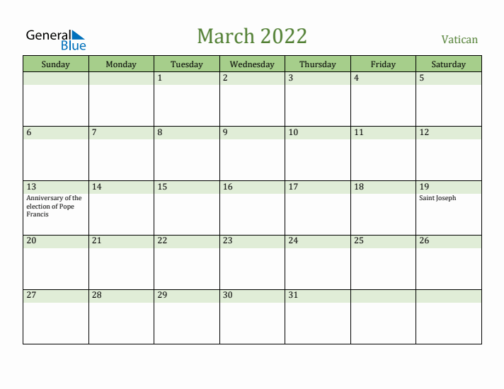 March 2022 Calendar with Vatican Holidays