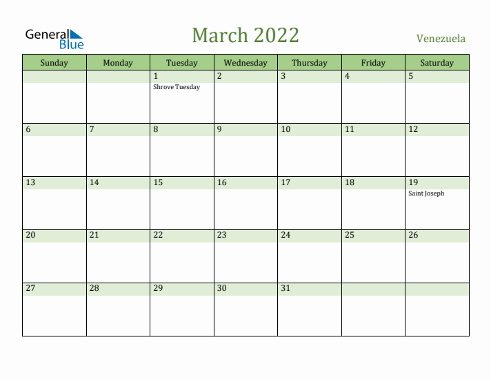 March 2022 Calendar with Venezuela Holidays