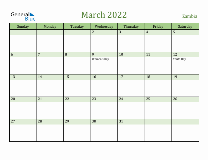 March 2022 Calendar with Zambia Holidays