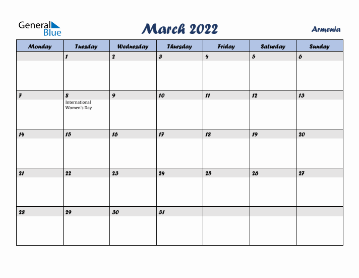 March 2022 Calendar with Holidays in Armenia