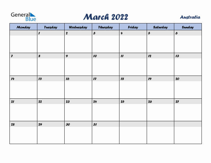 March 2022 Calendar with Holidays in Australia