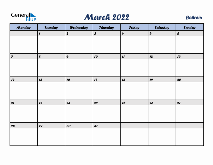 March 2022 Calendar with Holidays in Bahrain