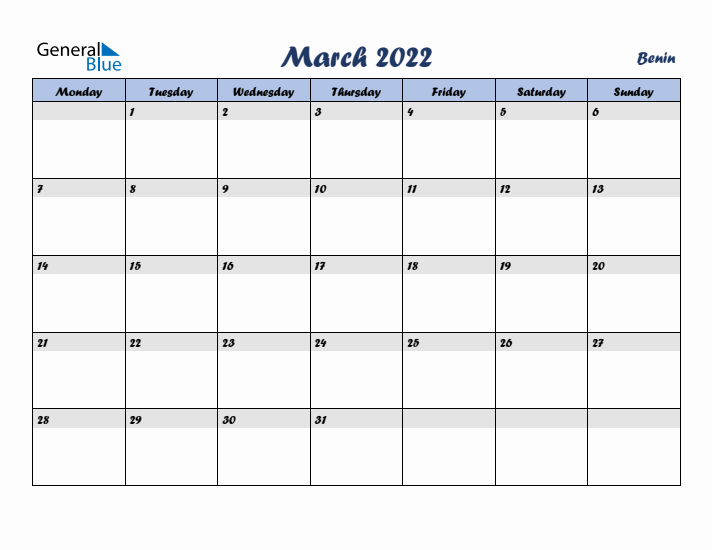 March 2022 Calendar with Holidays in Benin