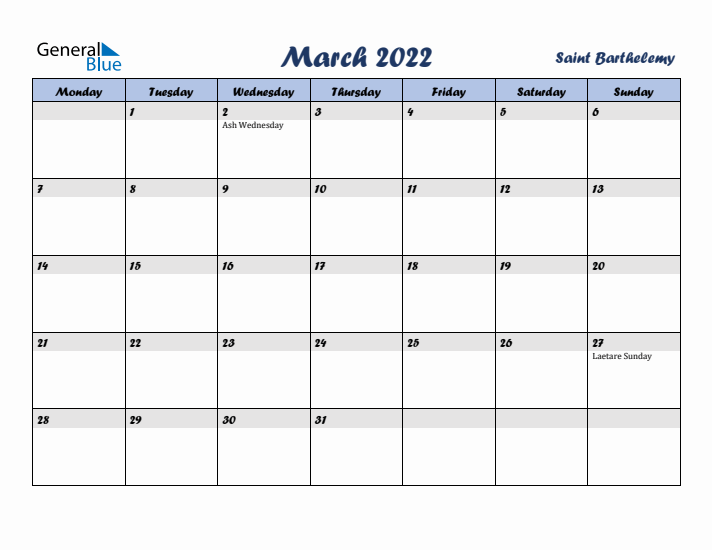 March 2022 Calendar with Holidays in Saint Barthelemy