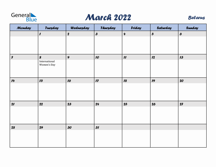 March 2022 Calendar with Holidays in Belarus