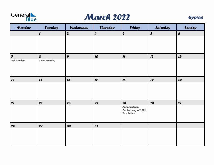 March 2022 Calendar with Holidays in Cyprus