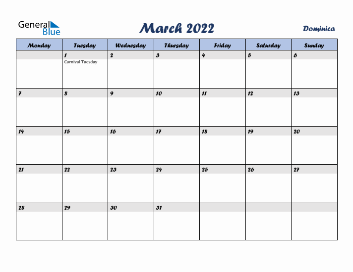 March 2022 Calendar with Holidays in Dominica