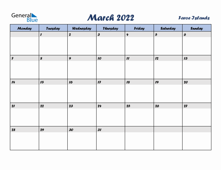 March 2022 Calendar with Holidays in Faroe Islands