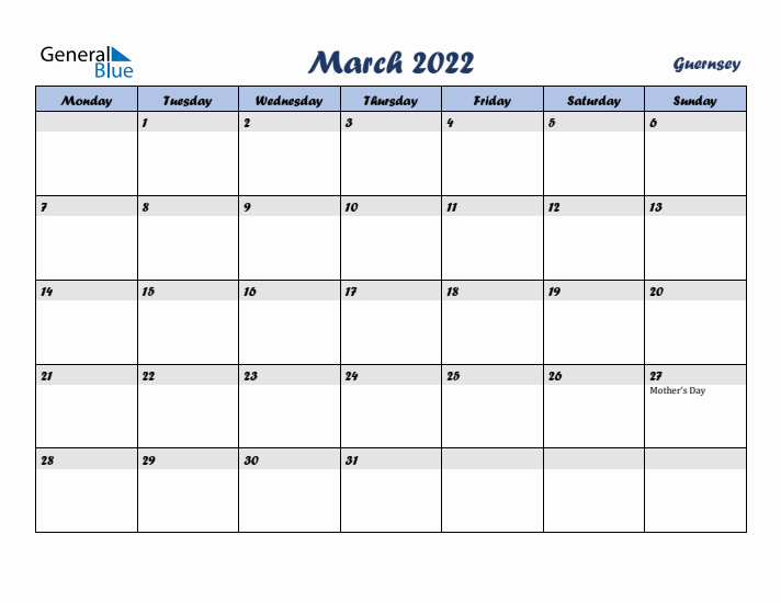 March 2022 Calendar with Holidays in Guernsey